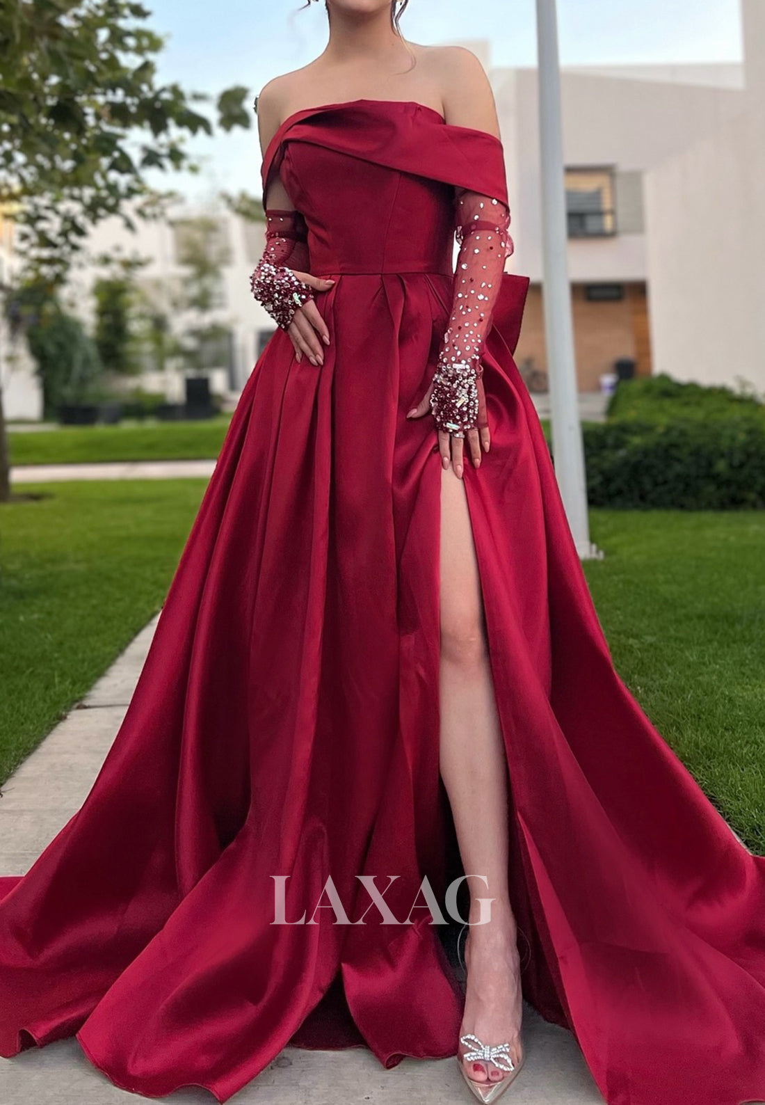 Tube Top Off-Shoulder Pleated Formal Gowns Tulle-Sequined-Long-Sleeves Satin A-Line Prom Dress