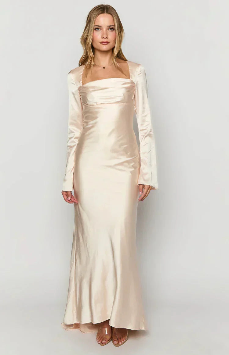 Satin Square Neck Long Sleeve Mermaid Maxi Gown with Train 2
