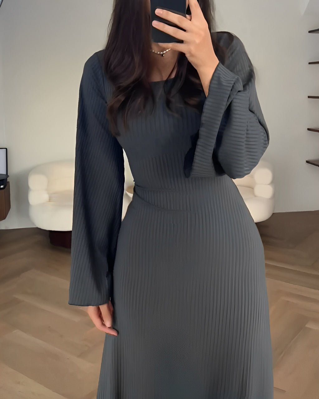 Ribbed Knit Square Neck Long Sleeve Side Split Bodycon Maxi Dress