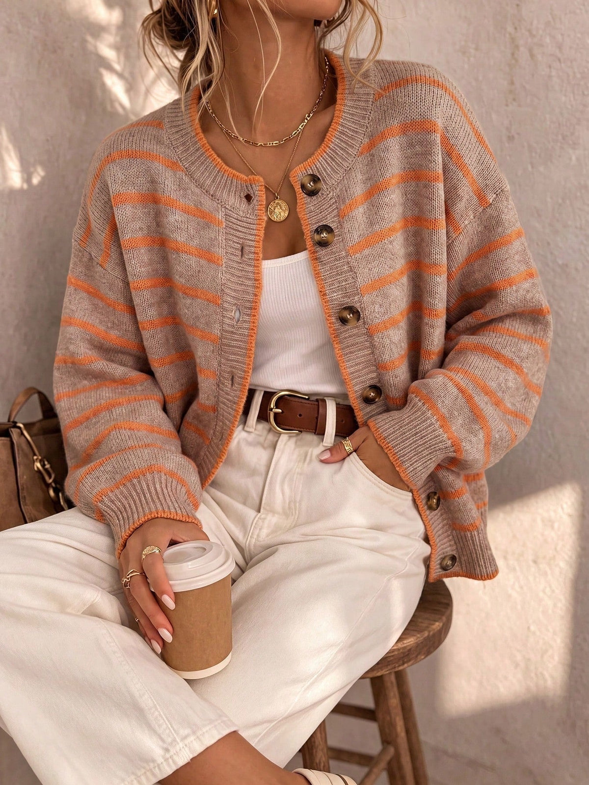 Striped Round Neck Button Front Drop Shoulder Knit Cardigan 6