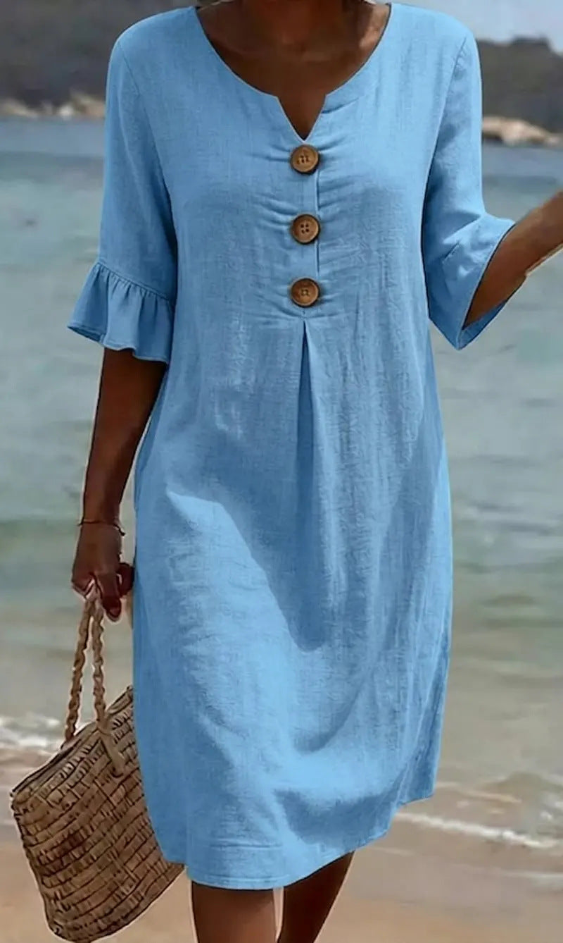 Notch Neck Button Front Flared Sleeve Midi Dress