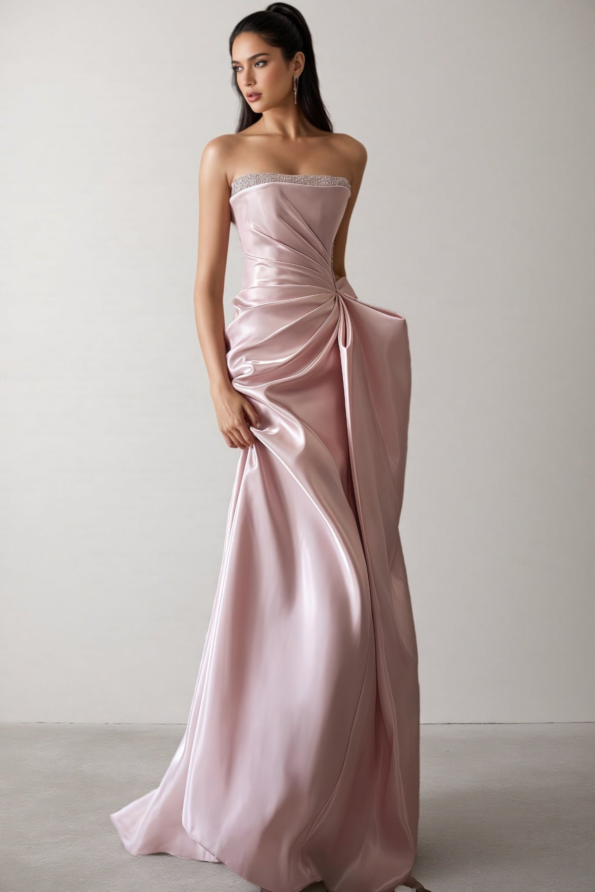 Satin Strapless Rhinestone Trim Ruched Waist Mermaid Maxi Gown 5