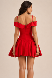 Off Shoulder Lapel Waist Cinch Ballet A Line Slip Dress