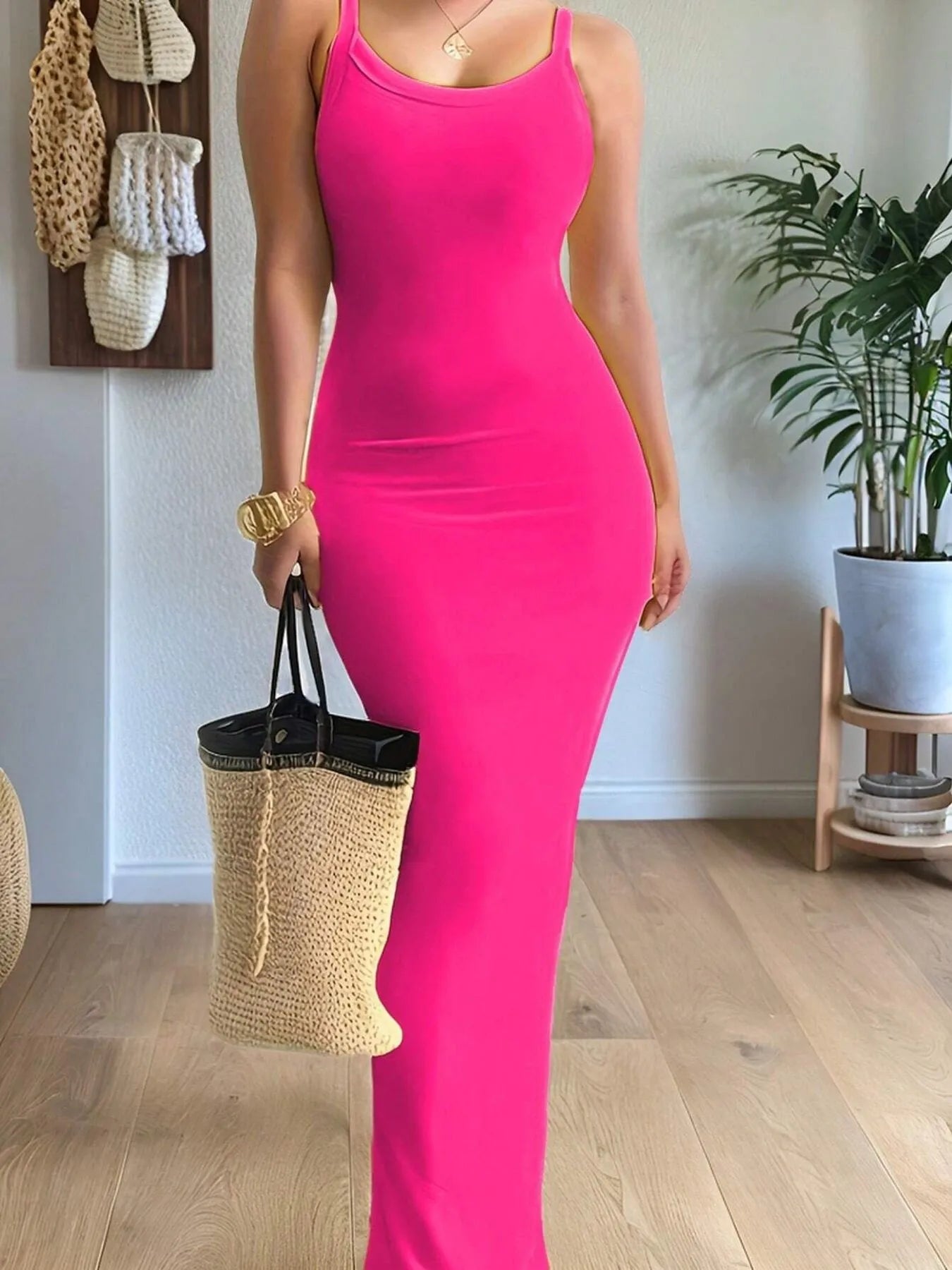 Scoop Neck Maxi Cami Dress Hot Pink