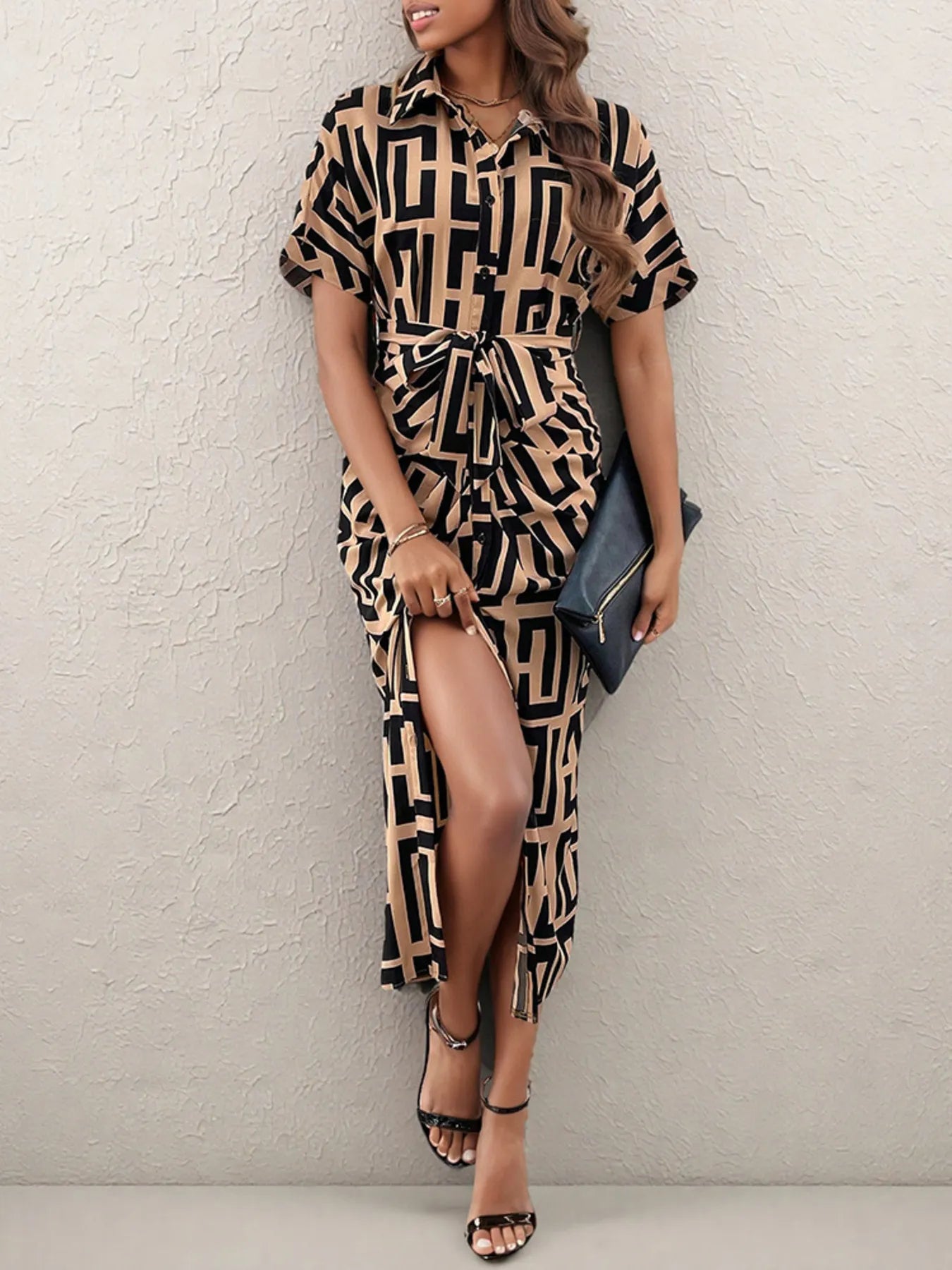 Geometric Print Belted Midi Dress Caramel