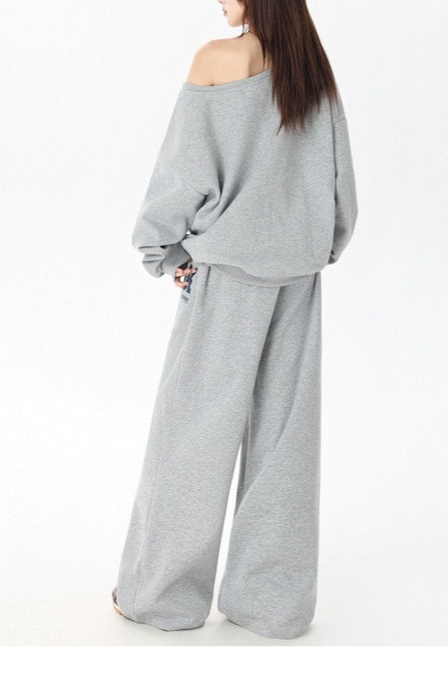 Number Print Off Shoulder Sweatshirt and Drawstring Wide Leg Sweatpants Two Piece Set 3