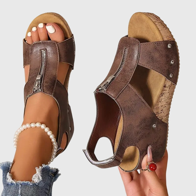 Closed Toe Zip Front Ankle Strap Wedge Sandals
