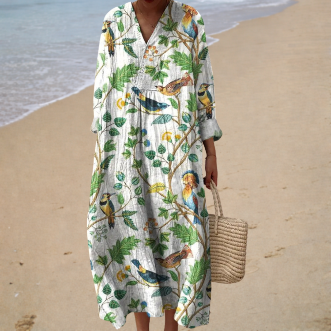 Botanical Bird Print V-Neck Long Sleeve Maxi Dress