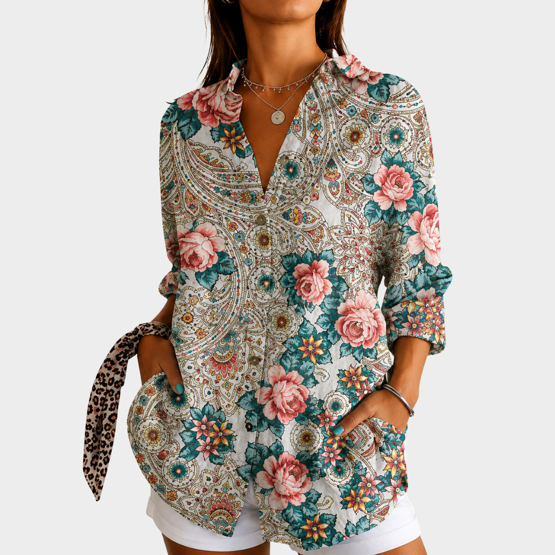 Floral Paisley Print Collared Long Sleeve Blouse