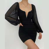 Mesh solid long sleeve ruched notch neck zip-up mini dress 5