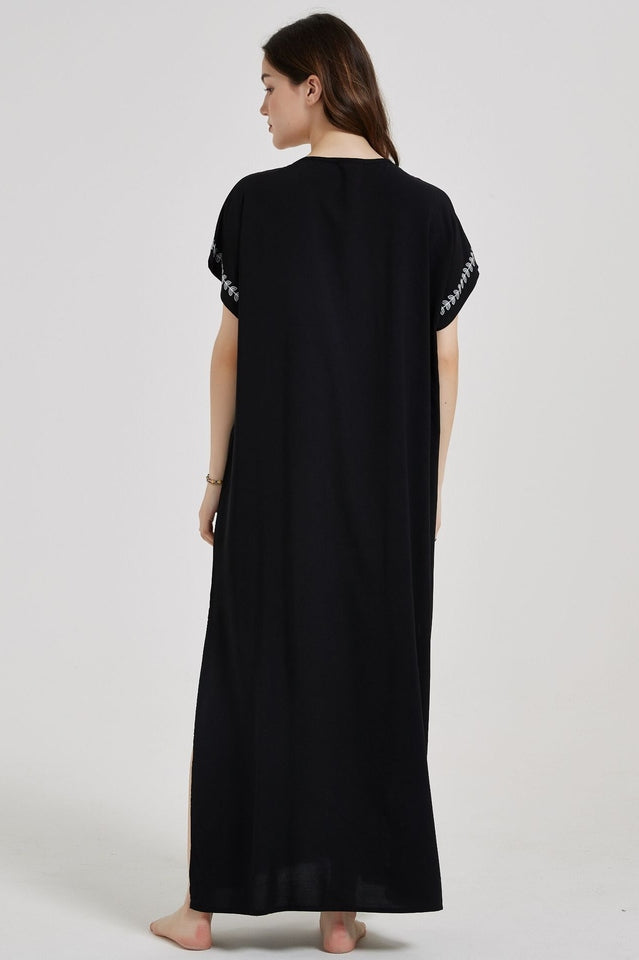 Embroidered V-Neck Short Sleeve Kaftan Maxi Dress 35