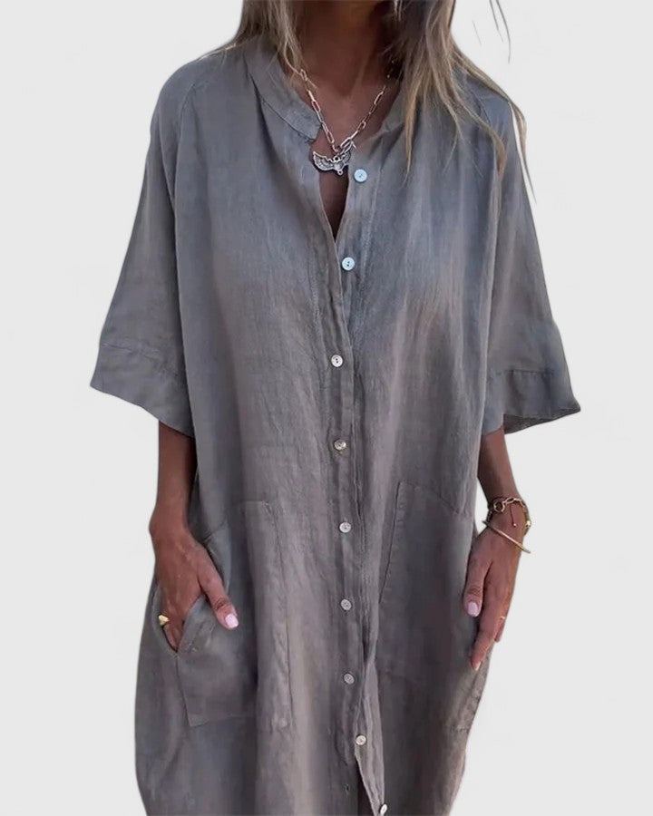 Collared Button Front Roll Sleeve Pocket Shirt Dress