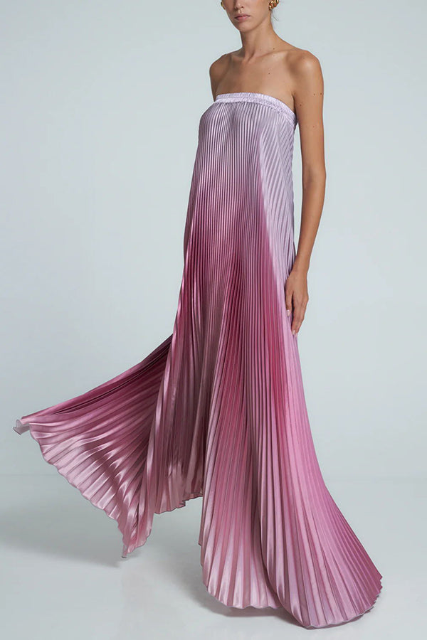 Strapless Ombre Satin Pleated Loose Fit Maxi Dress 9