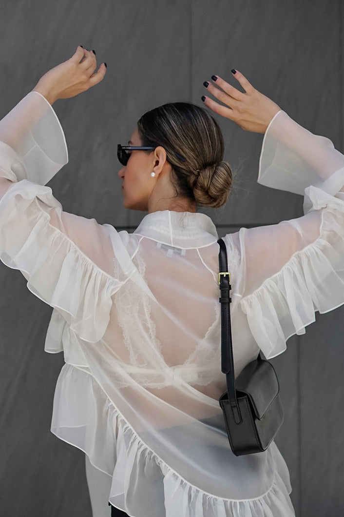 Sheer Organza Ruffle Trim Tie Front Long Scarf Panel Blouse 3