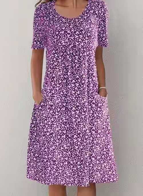 Ditsy Floral Round Neck Short Sleeve Pocket Midi Dress 9