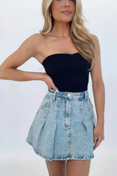 High-Waist Pleated Denim Mini Skort