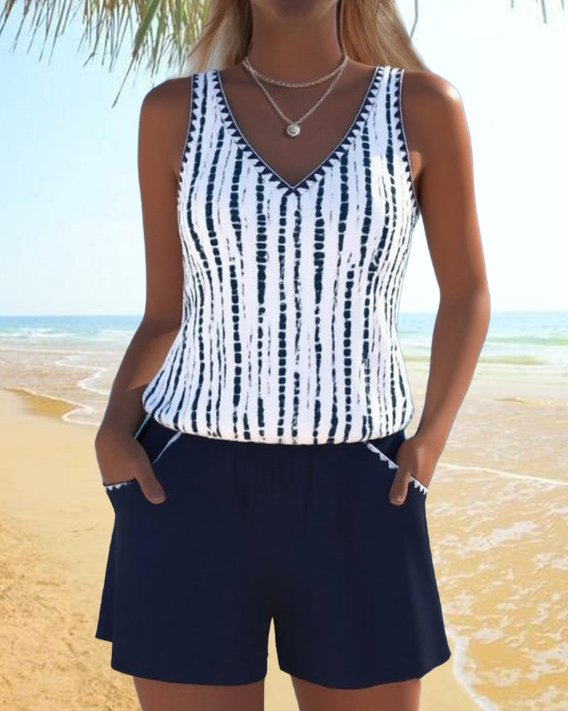 Striped V-Neck Sleeveless Pocket Playsuit