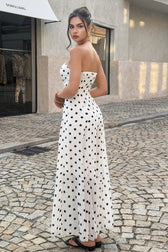 High Waist Polka Dot Strapless Slit Maxi Dress
