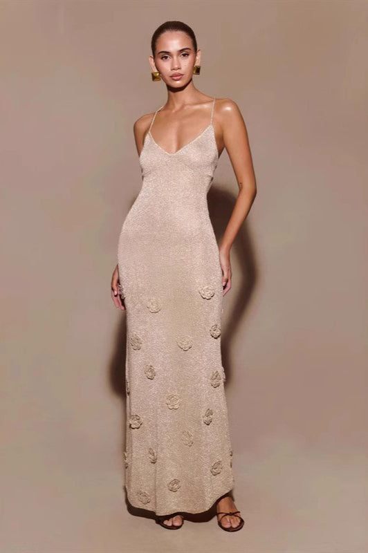 Fitted Edition Maxi Knit Spaghetti Strap V Neck Sweater Dress