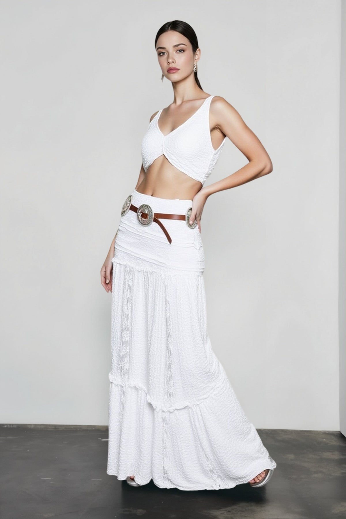 Textured Fitted Hip Lace Trim Tiered Ruffle Maxi Skirt 2