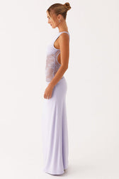 Sheer Lace Satin Panel Backless Fit Lace Dress