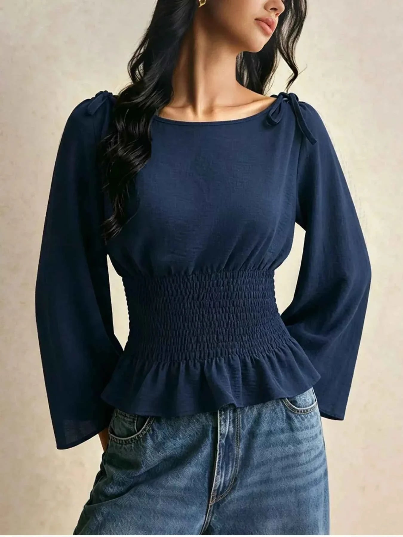 Smocked Waist Flare Sleeve Blouse