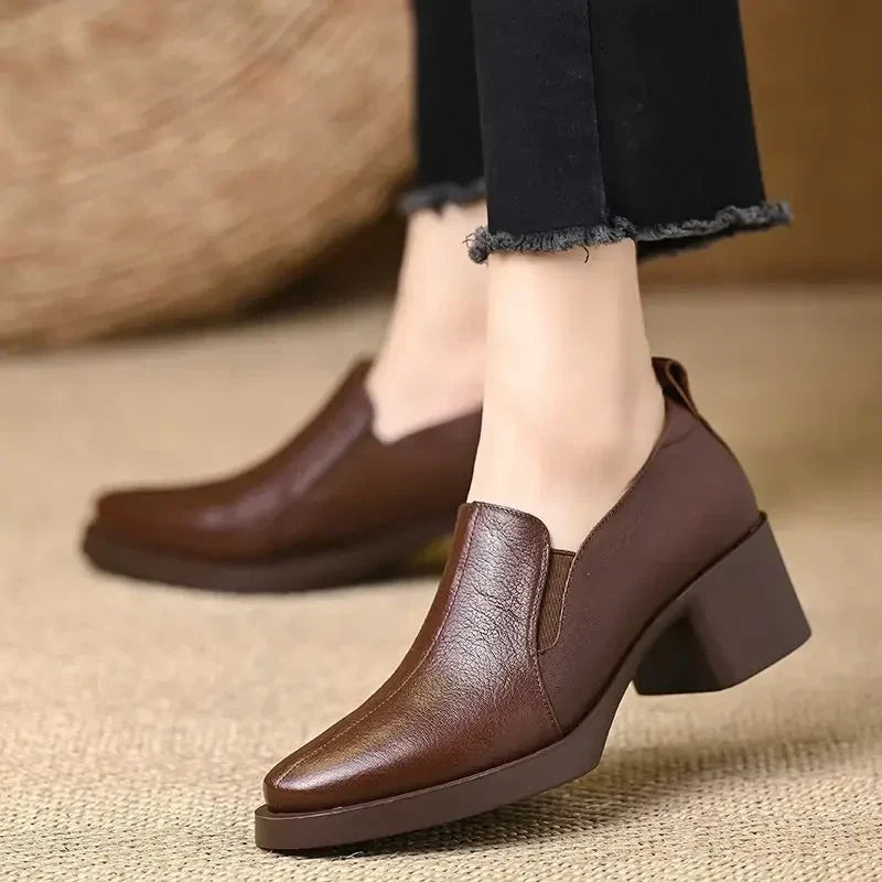 Pointed Toe Slip On Block Heel Loafer Pumps