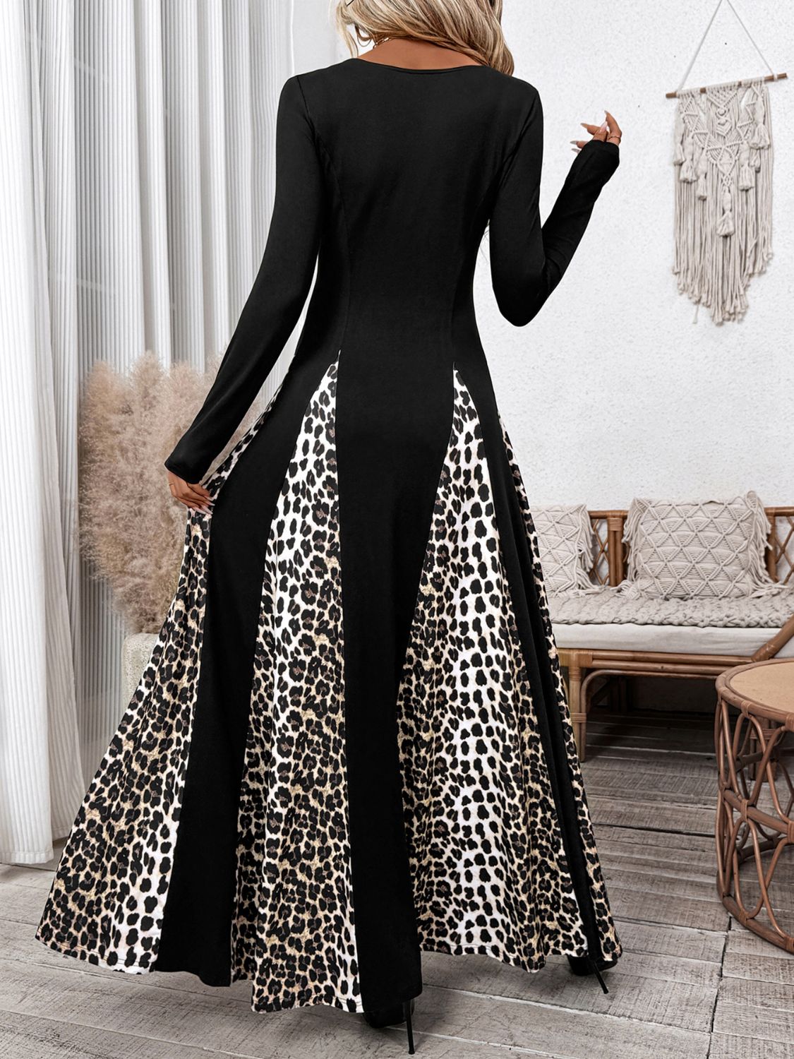 Leopard Print Godet Panel Square Neck Long Sleeve Flowy Maxi Dress 2