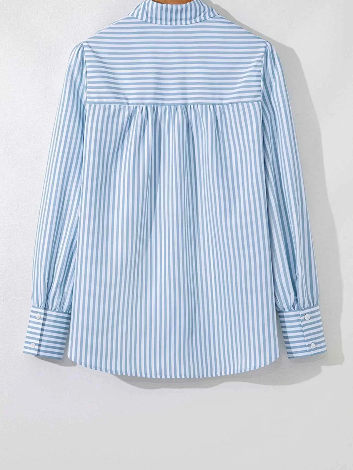 Striped Collared Smocked Yoke Half Button Long Sleeve Blouse 7