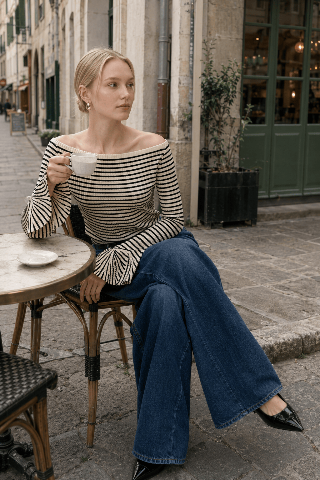 Striped Ruffle-Sleeve Knit Top