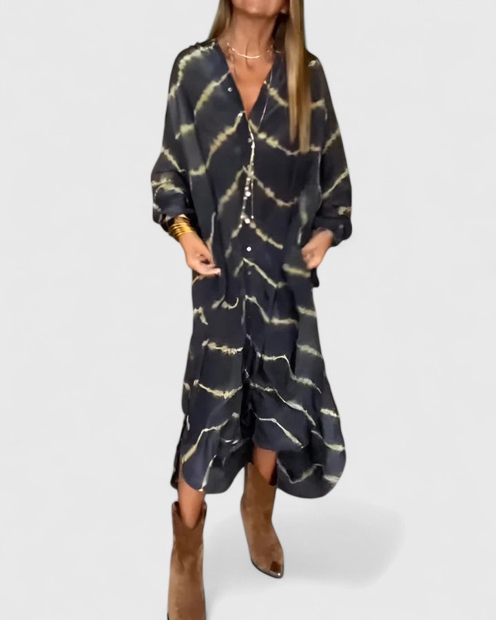 Tie Dye Button Front Long Sleeve Maxi Shirt Dress