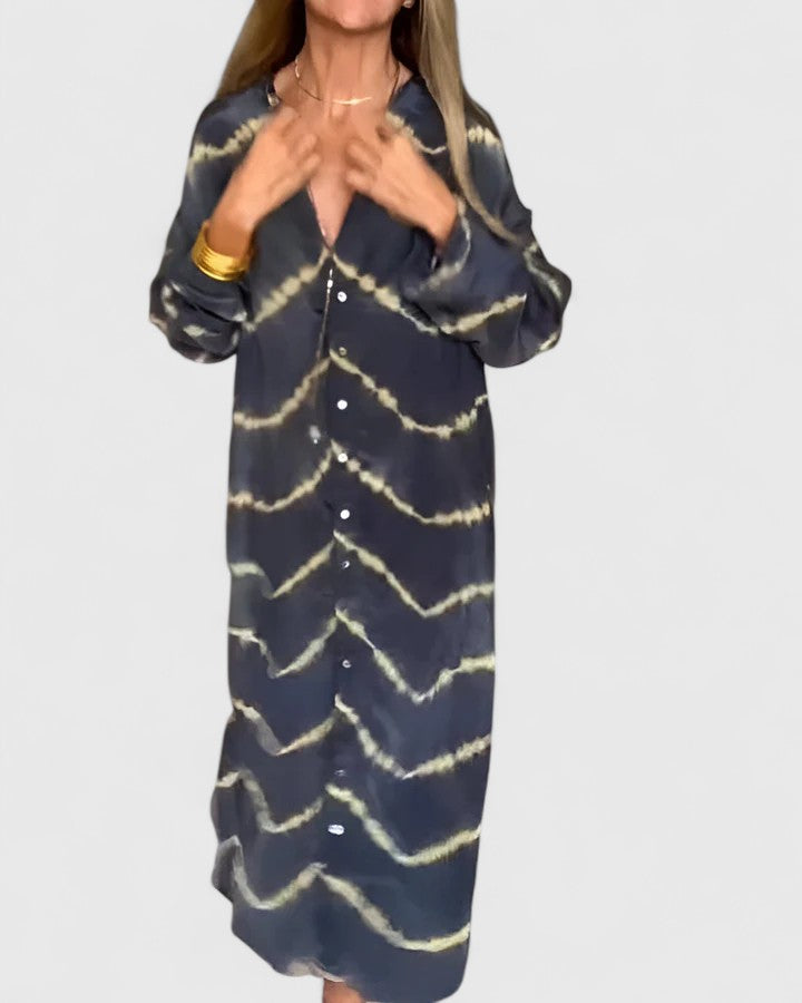 Tie Dye Button Front Long Sleeve Maxi Shirt Dress