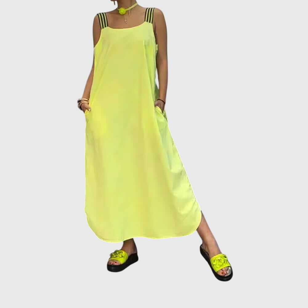 Contrast Strap Square Neck Side Pocket Maxi Dress