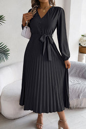 Solid Color Elegant V-neck Buttoned Lace-up Pleated Maxi Dress - View 18