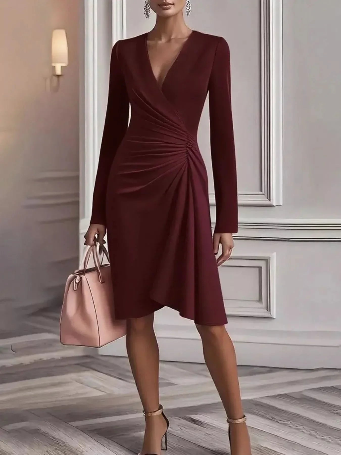 Front Ruched V-Neck Long Sleeve Dress