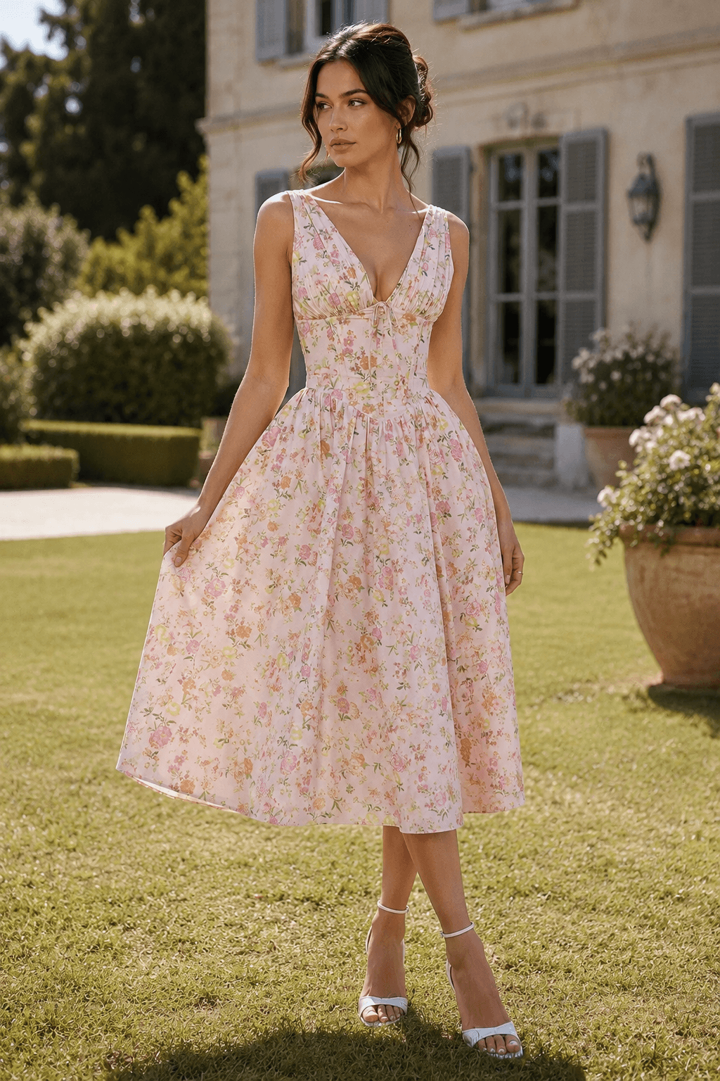 Spaghetti Strap V Neck Fitted Long Floral Dress