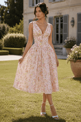 Spaghetti Strap V Neck Fitted Long Floral Dress