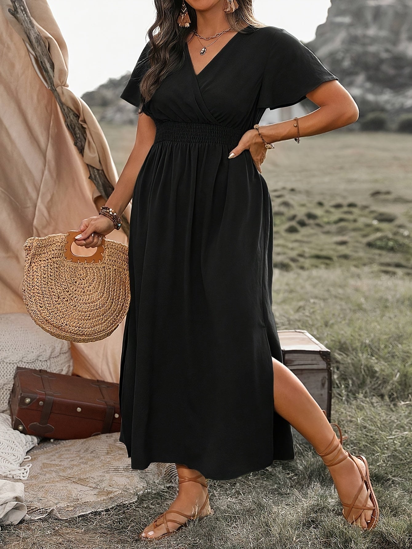 Margo - Short Flare Sleeve Side Split Maxi Dress Black