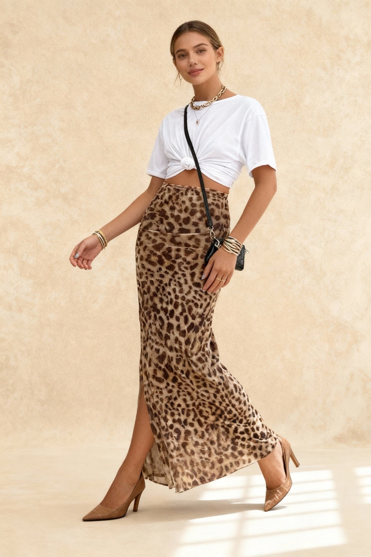 Leopard Print High Waist Ruched High Split Maxi Skirt 3