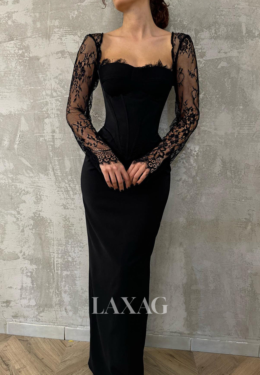 Sweetheart Lace-Long-Sleeves Mermaid Prom Dress Pleated Sheer Floor-Length Satin Party Gowns