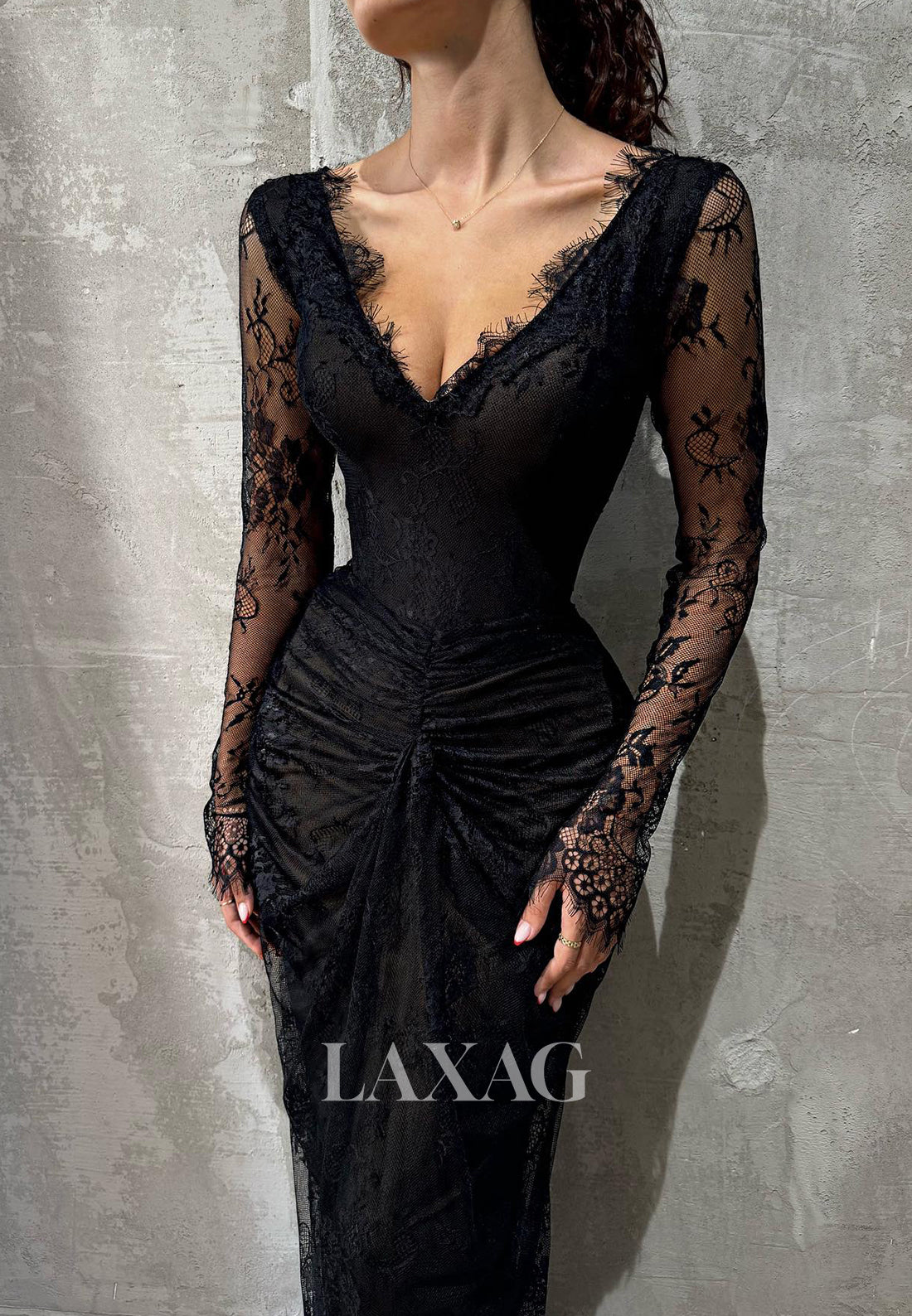 Deep V-Neck Sheer-Long-Sleeves Pleated Party Gowns Allover Lace Floor-Length Mermaid Prom Dress