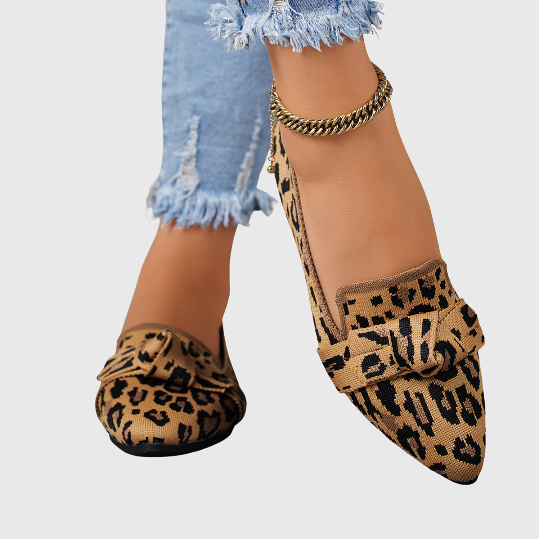Leopard Print Pointed Toe Bow Flat Loafers