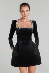 Elegant White Square Neck Long Sleeve Pearl Trim Slim Cocktail Dress 3
