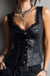 PU Leather Lace Panel Corset Tank Top