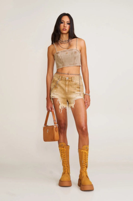 Distressed Raw Hem Denim Shorts