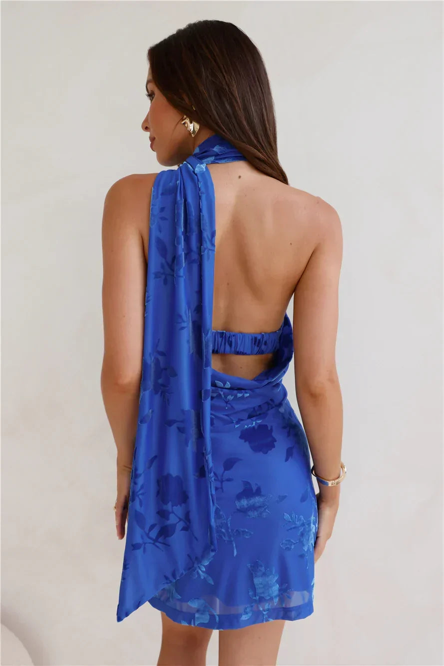 Floral Jacquard Satin Halter Neck Scarf Tie Back Mini Dress 2