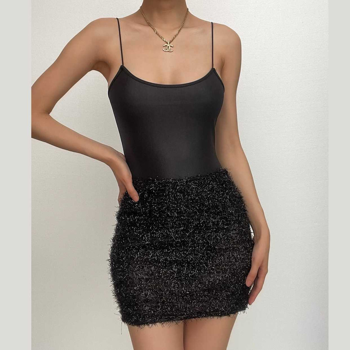 Spaghetti Strap Scoop Neck Tinsel Skirt Bodycon Mini Dress