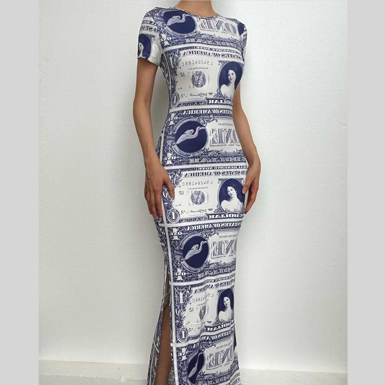 Print crewneck short sleeve slit midi dress