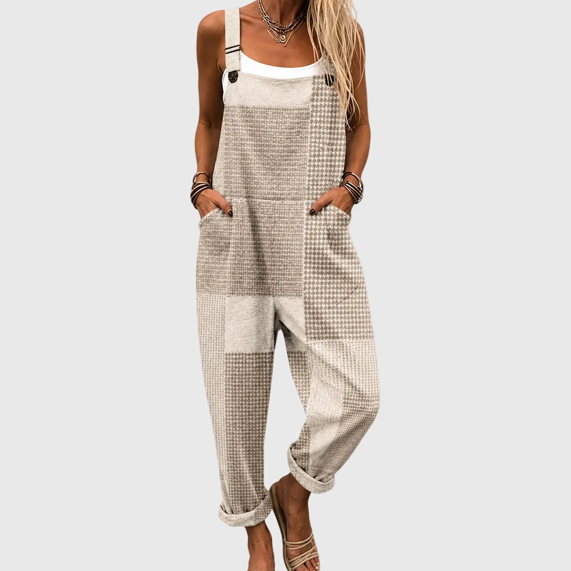 Plaid Patchwork Sleeveless Wide Leg Overall Jumpsuit