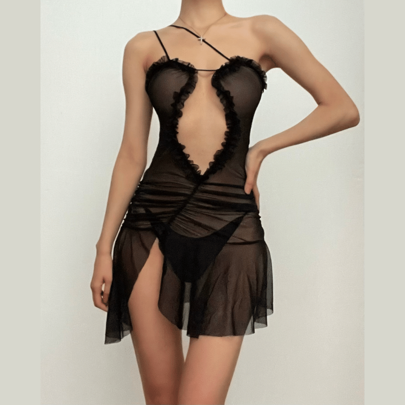 Sheer Mesh Ruffle Trim Cut Out Ruched Asymmetric Strap Mini Dress